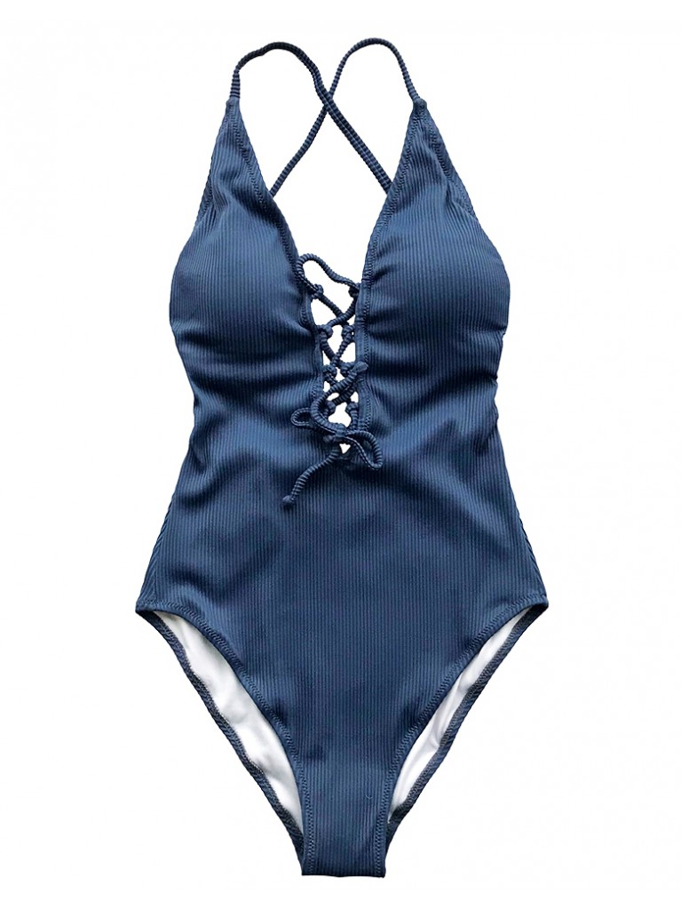 Слитный купальник Хэлен серо-голубого цвета со шнуровкой на груди и открытой спиной