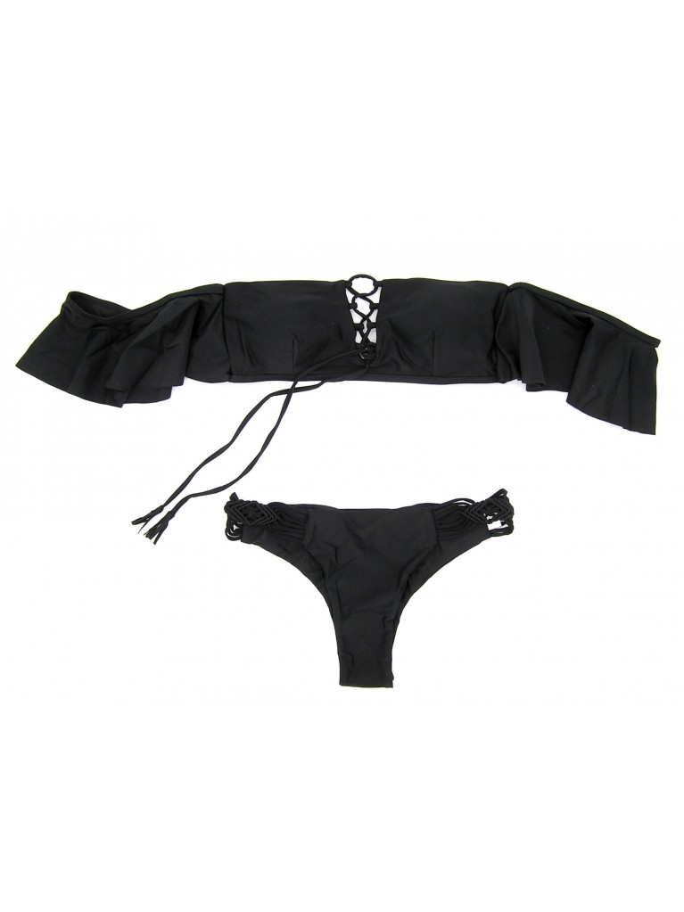 Черный купальник Бонни с лифом бандо вкладышами пуш-ап и шнуровкой на лифе