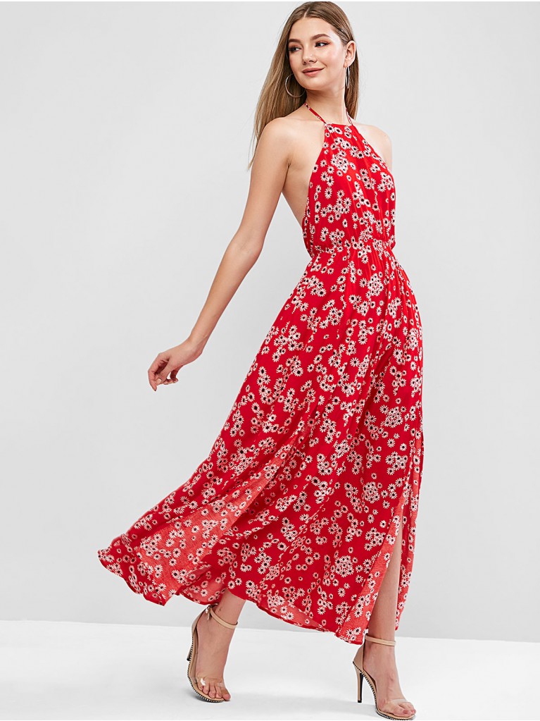 Платье летнее красное в цветочек макси длинное