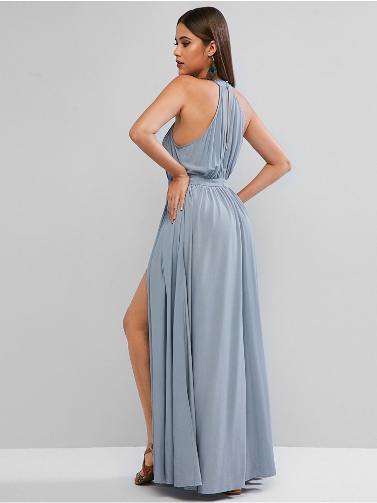 Платье женское в пол макси серо голубое без рукавов с вырезом бедра