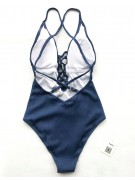 Сдельный купальник Хэлен серо-голубого цвета со шнуровкой на груди и открытой спиной с вкладышами чашками пуш-ап