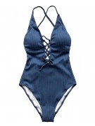Сдельный купальник в рубчик Хэлен серо-голубого цвета со шнуровкой на груди и открытой спиной и вкладышами чашками