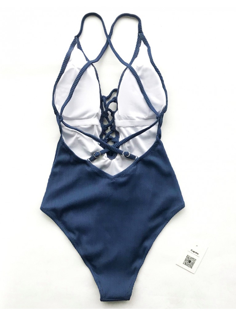 Слитный купальник Хэлен серо-голубого цвета со шнуровкой на груди и открытой спиной